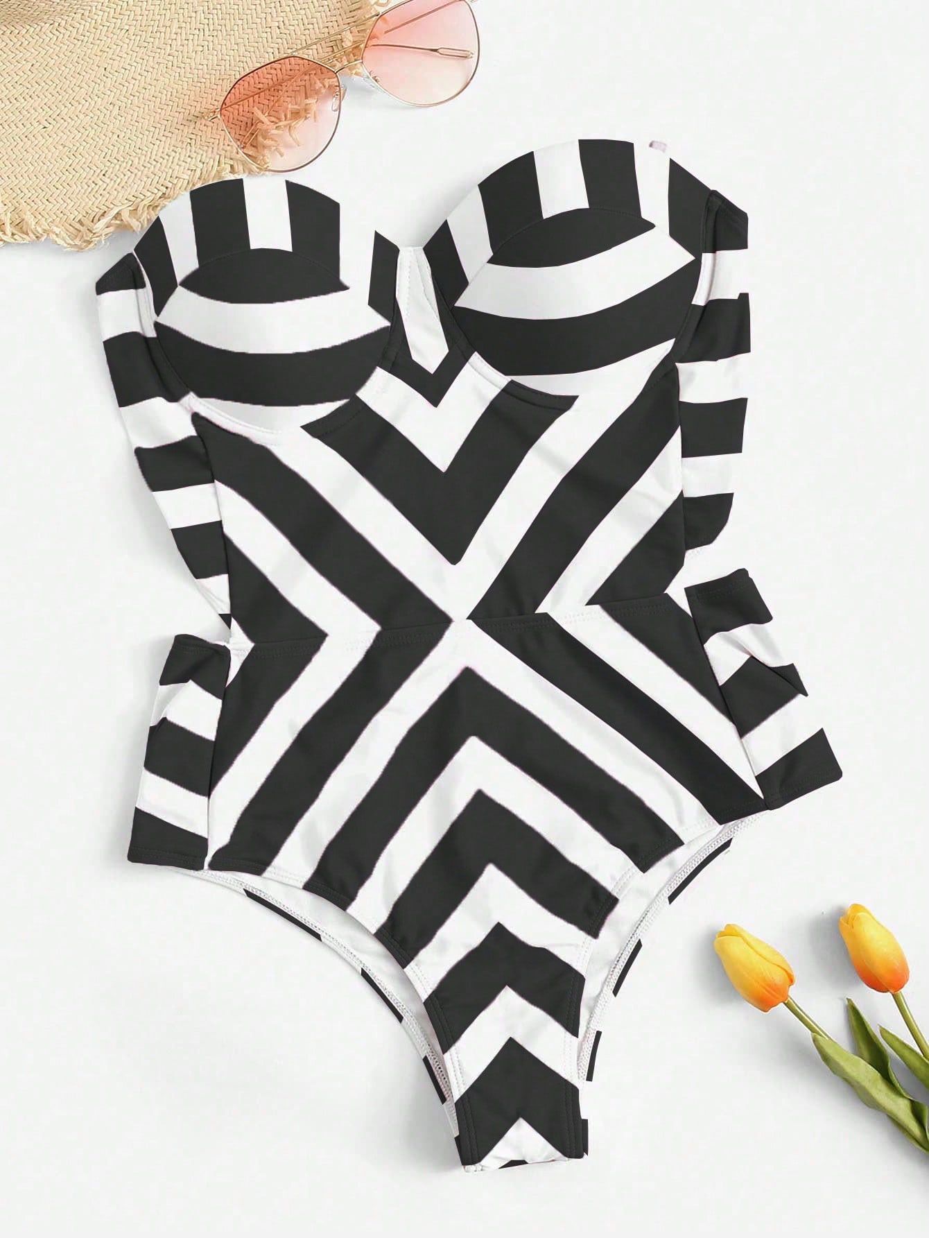 Striped One-Piece Bandeau Swimsuit, Printed Front Panel, Random Back Design Carnival | SHEIN