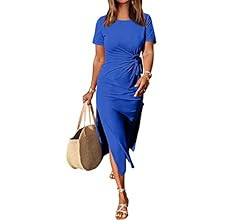 ANRABESS Women’s Summer Short Sleeve Crewneck T Shirt Maxi Dress Tie Waist Casual Slim Fit Slit... | Amazon (US)