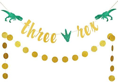 Gold Glittery Three Rex Banner and Gold Glittery Circle Dots Garland- Three Rex Birthday, Three R... | Amazon (US)