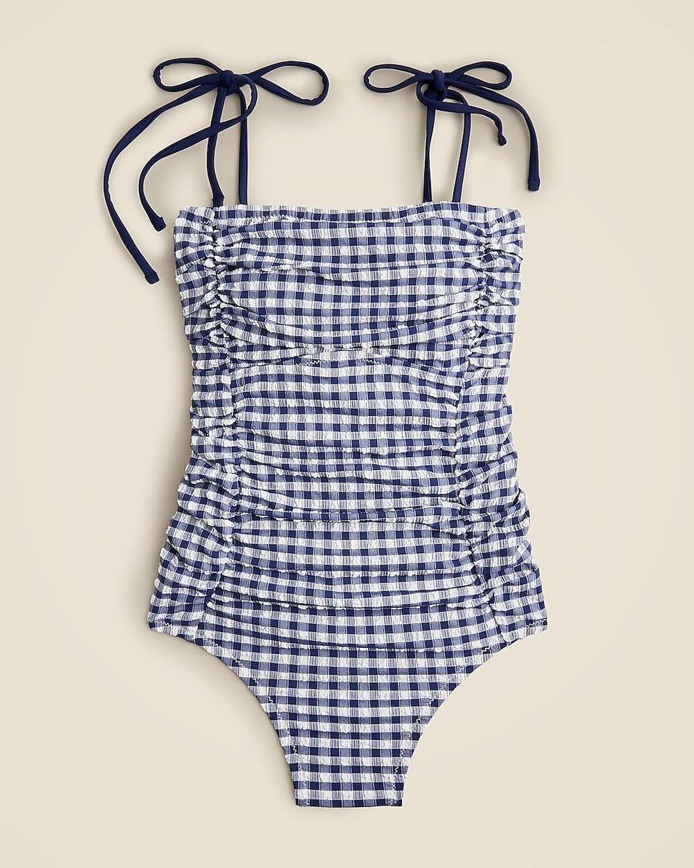 Long-torso ruched tie-shoulder one-piece swimsuit in gingham | J. Crew US