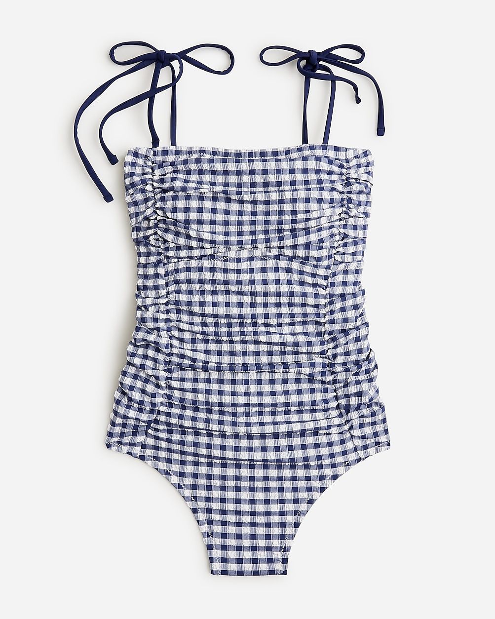 Long-torso ruched tie-shoulder one-piece swimsuit in gingham | J.Crew US