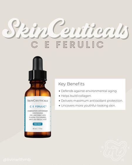 C E Ferulic by Skinceuticals is a patented daytime vitamin C serum that delivers advanced environmental protection and improves the appearance of fine lines and wrinkles, loss of firmness, and brightens skin's complexion.

#LTKstyletip #LTKbeauty #LTKFind