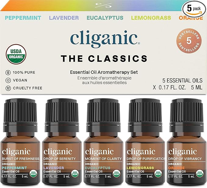 Cliganic Organic Essential Oils Set (Top 5 - The Classics) - 100% Pure Natural - Aromatherapy, Ca... | Amazon (US)
