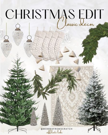 Christmas decor classics that are always beautiful year after year! Timeless Christmas garland, flocked tree, knit stockings, ornaments, cedar garland, mercury glass trees, neutral rug, green tree

#LTKHolidaySale #LTKHoliday #LTKhome