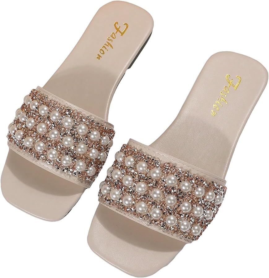 GORGLITTER Women's Pearl Sandals Leather Square Open Toe Slip On Beach Slide Dressy Wedding Sanda... | Amazon (US)