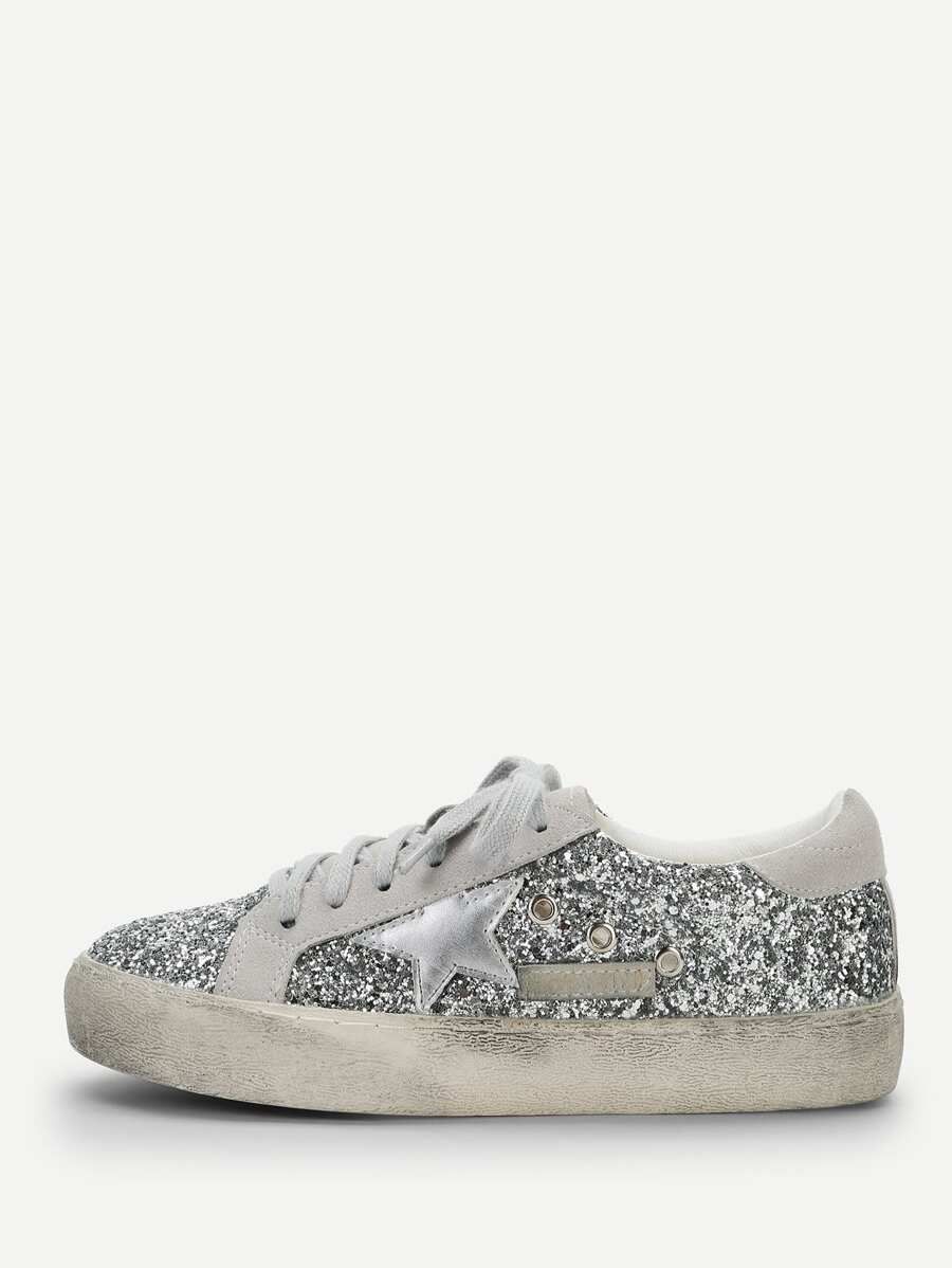 Star Detail Glitter Lace Up Sneakers | SHEIN