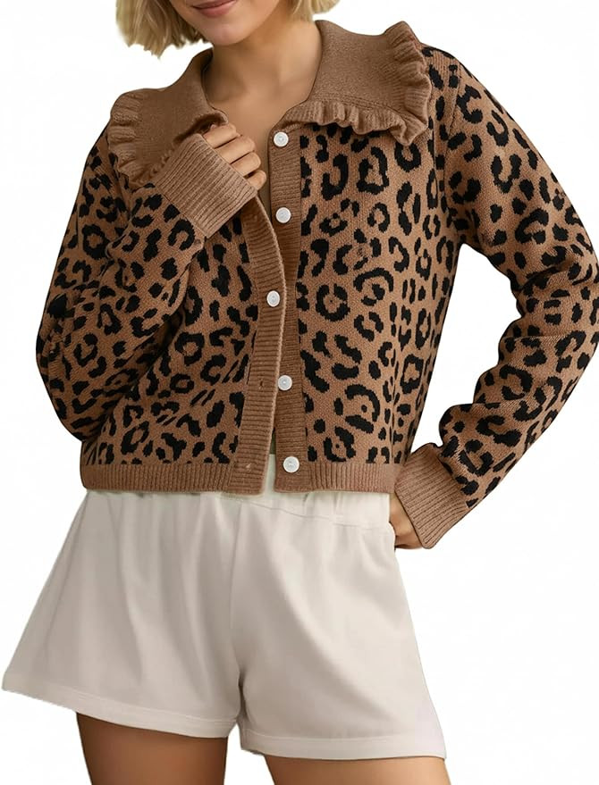 Womens Ruffle Collar Cardigan Sweater Button Up Open Front Fall Knit Jackets Cute Long Sleeve But... | Amazon (US)