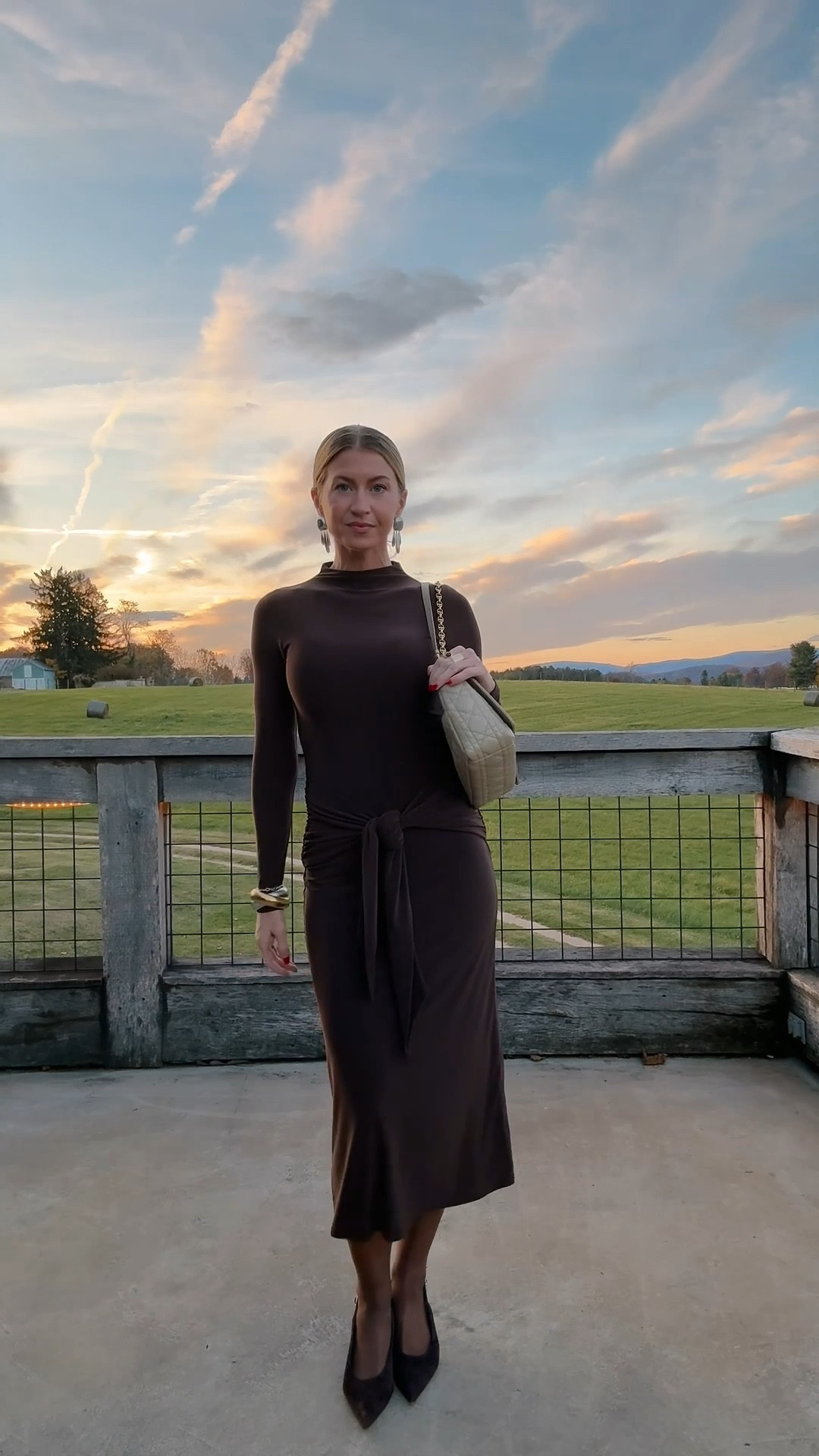 LOVE this dress for a nicer occasion. The tie in the front is so chic. 
Brown maxi dress: fully stocked in black, runs TTS, wearing a S
Shoes: run TTS
Brown tights: perfectly sheer, so good and haven’t run at all for me! 

#LTKSeasonal #LTKStyleTip #LTKWedding