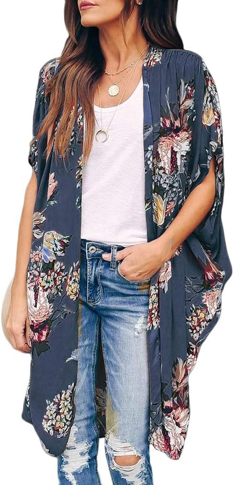 Ivay Womens Floral Kimono Duster Cardigans Short Sleeve Draped Oversized Beach Cover Up Cape | Amazon (US)
