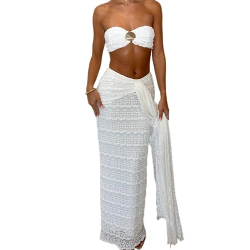 Novaorily Womens Two Piece Sets Sexy Boho Tube Top and Long Wrap Maxi Skirts Set Summer Beach Vacation Outfits White | Amazon (US)