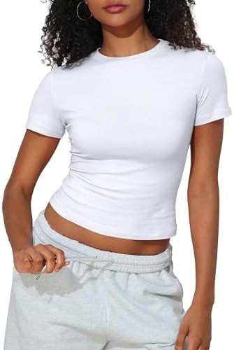 kayamiya Women's Basic Short Sleeve Cotton Shirts Slim Fit Crewneck Summer Trendy Y2k Baby Tee Cr... | Amazon (US)