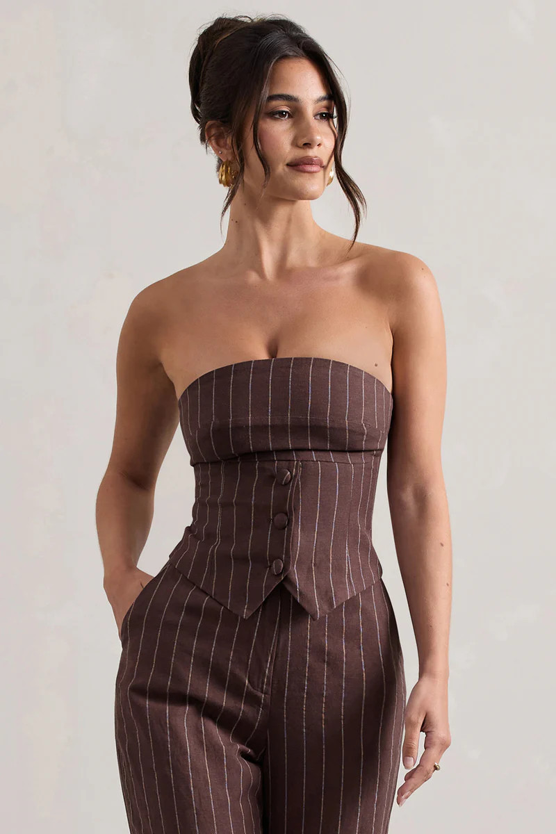 On Time | Chocolate Brown Pinstripe Tailored Bandeau Top | Club L London