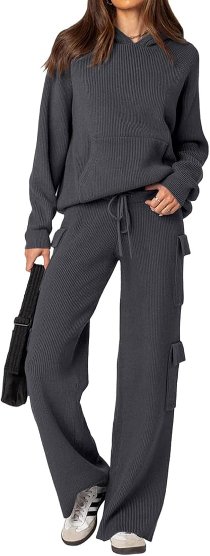 REORIA Women 2 Piece Knit Sweater Set Lounge Hoodie & Cargo Pants Outfit for Fall Winter 2024 Tra... | Amazon (US)