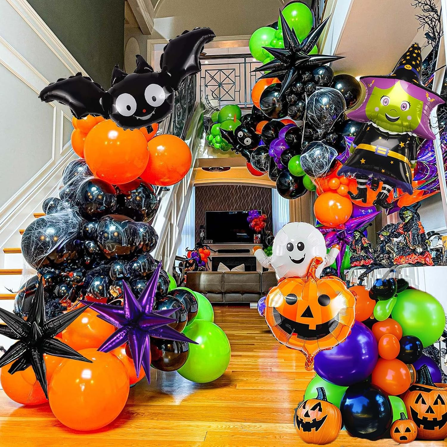 Halloween Balloon Garland Arch Kit 170pcs Orange and Black Purple green balloons with Spooky Spider Bat Pumpkin foil Balloons for fall Halloween Party Decorations | Amazon (US)
