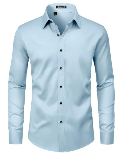 ROUWELL Mens Light Blue Dress Shirts Wrinkle Free Long Sleeve Non Iron Business Wedding Dating Stretch Button Down Shirt L | Amazon (US)