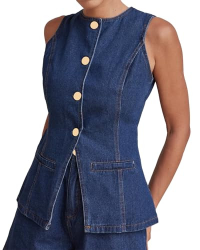 Kedera Women's Button Down Denim Vest Sleeveless Tank Tops Crew Neck Slim Fit Jean Jacket Waistco... | Amazon (US)