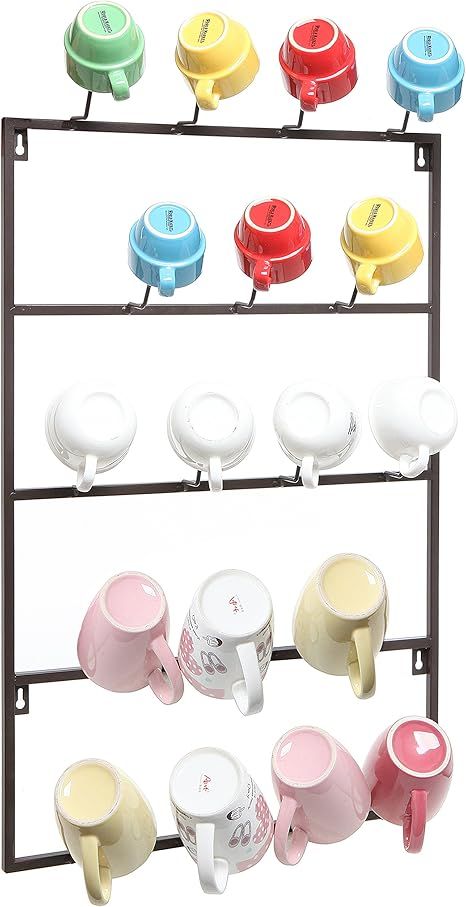 MyGift 5 Tier Brown Metal Wall Mounted Kitchen Mug Hook Display/Cup Storage Organizer Hanger Rack | Amazon (US)