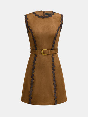 Scalloped Trim Belted Suede Effect Mini Dress | Commense