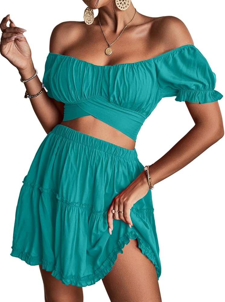 LYANER Women's 2 Piece Outfits Floral Off Shoulder Tie Up Crop Top and Mini Skirt Set | Amazon (US)