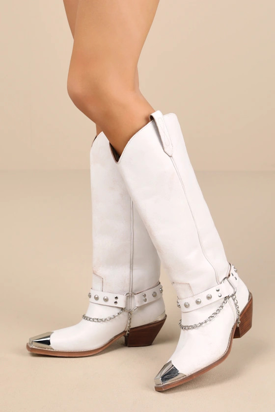 Brazen Distressed White Studded Chain Knee-High Boots | Lulus