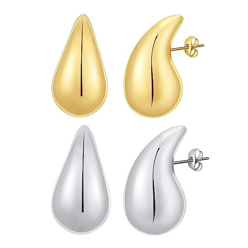 2Pairs Gold Silver Chunky Waterdrop Earrings Lightweight Hollow Teardrop Hoop Earrings Fashion Jewelry Gift for Women Colored Enamel (Gold+Silver) | Amazon (US)