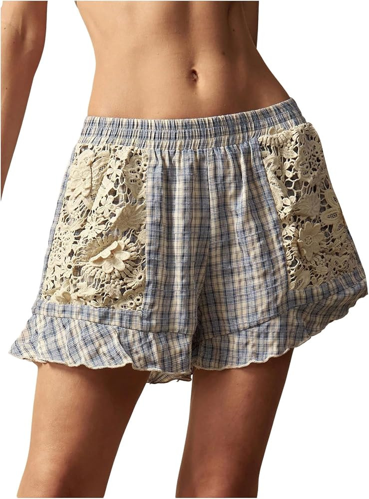 MakeMeChic Women's Boho Floral Lace Shorts Plaid Elastic Waist Ruffle Summer Shorts Summer Casual... | Amazon (US)