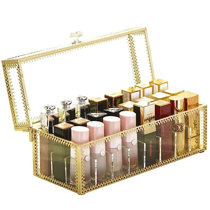 Lipstick Holder Dust Free Glass Transparent Lip Gloss Eye Liner Vanity Cabinet Makeup Organizer w... | Amazon (US)