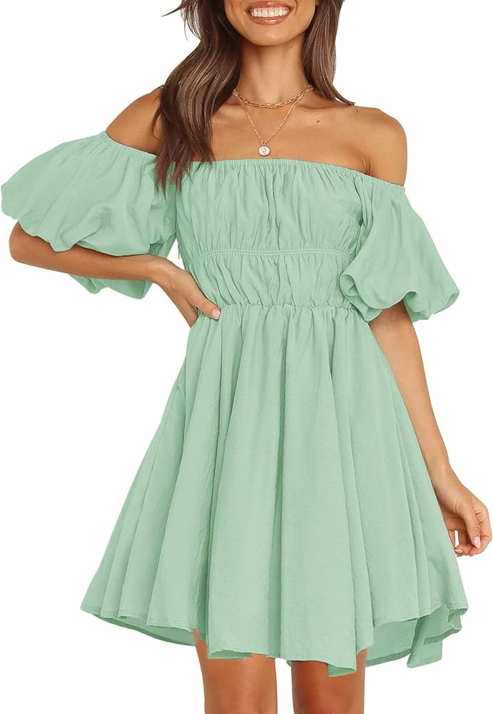 MEROKEETY Women's Puff Sleeve Off Shoulder A Line Dress Ruffle Shirred Summer Mini Dress with Poc... | Amazon (US)