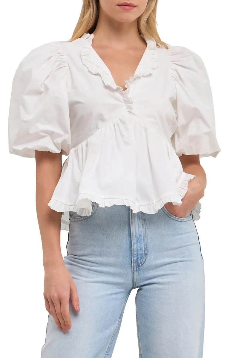 Endless Rose Ruffle Trim Puff Sleeve Peplum Cotton Top | Nordstrom | Nordstrom