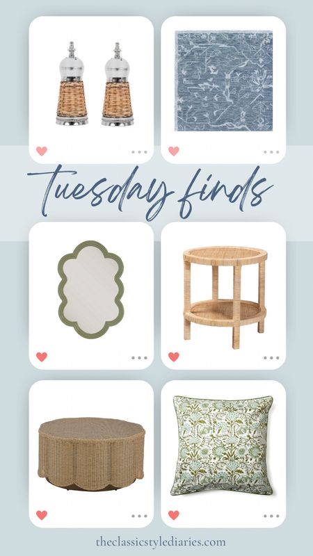 Tuesday finds 💗 outdoor scalloped table, Amazon pillows green, rattan side table, scalloped green mirror on sale, classic blue rug, woven salt and pepper shakers for the kitchen 

#LTKhome #LTKfindsunder100 #LTKsalealert