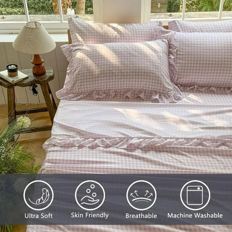 Pink Gingham Ruffle Queen Sheet Set, Taupe Soft Pre-Washed Microfiber Plaid Ruffled Queen Bed She... | Walmart (US)