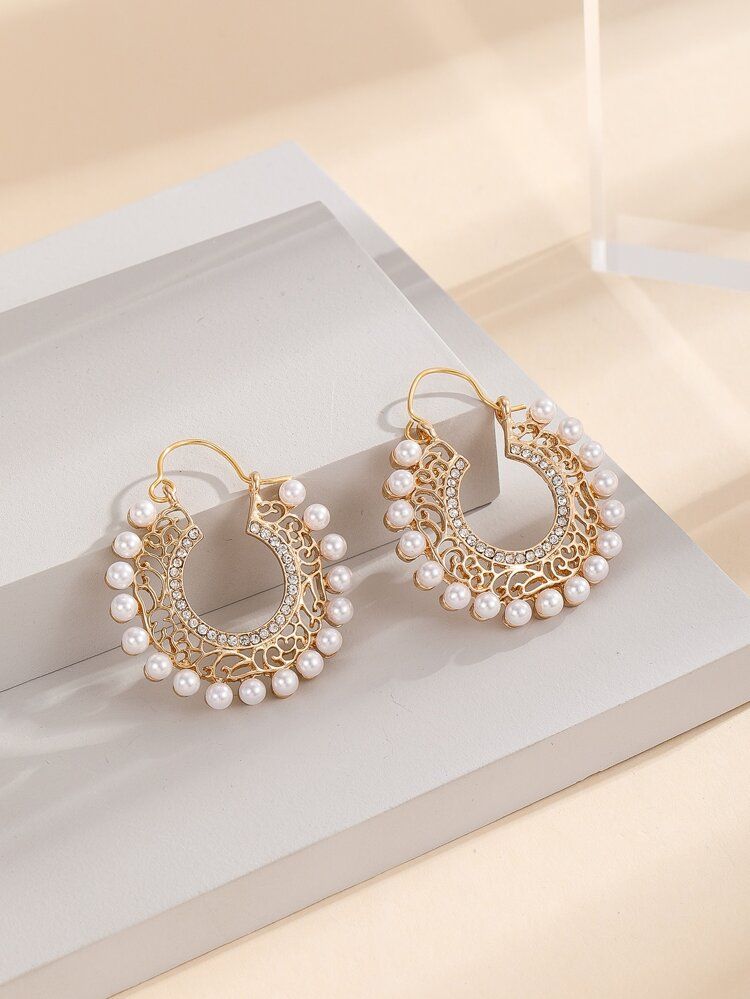 Faux Pearl & Rhinestone Decor Hoop Earrings | SHEIN