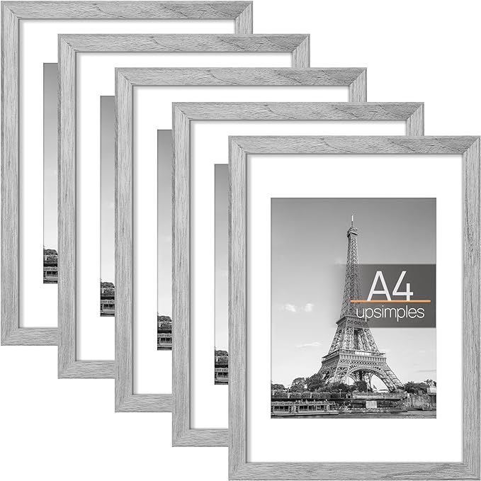 upsimples A4 Picture Frame Set of 5, Display Pictures 6x8 with Mat or 8.3x11.7 Without Mat, Wall ... | Amazon (US)