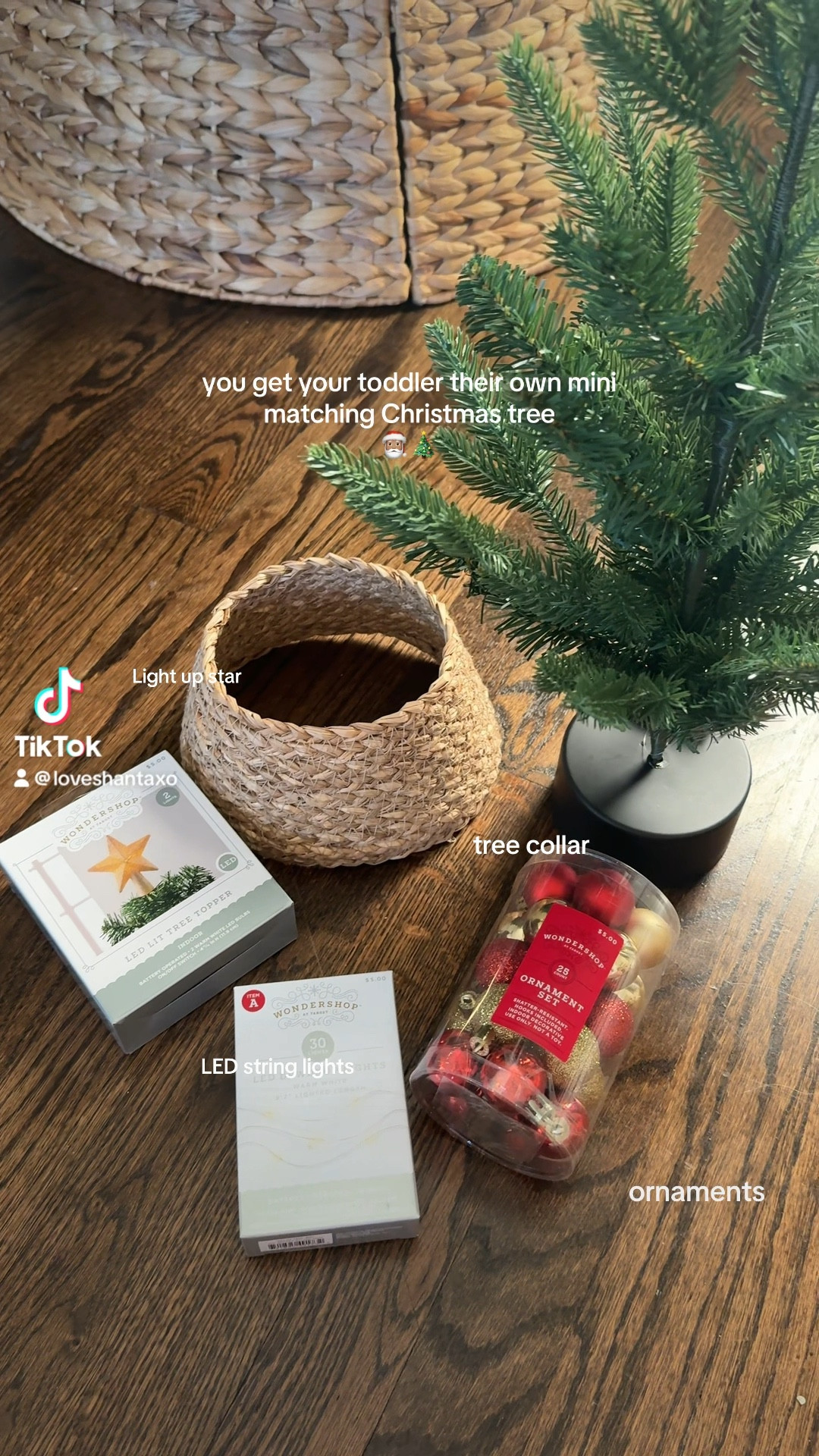 Mini matching Christmas tree decorations for toddlers and kids. All items from wondershop at target! Woven Christmas tree collar, gold and red ornaments, led lights, gold star tree topper, mini Christmas treee

#LTKSeasonal #LTKKids #LTKHoliday