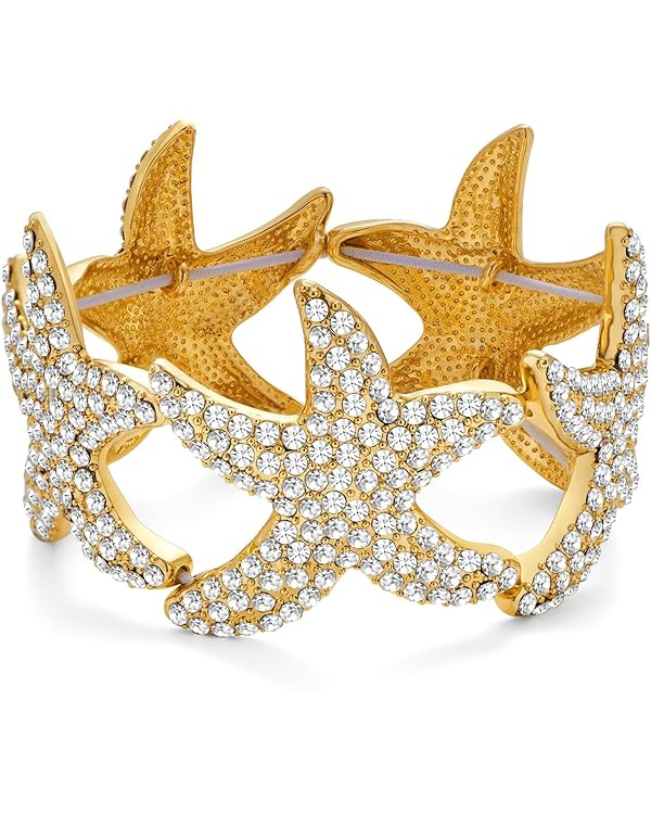 Chunky Starfish Bangle Bracelets for Women Trendy Shiny Crystal Sea Star Elastic Bracelet Vintage... | Amazon (US)