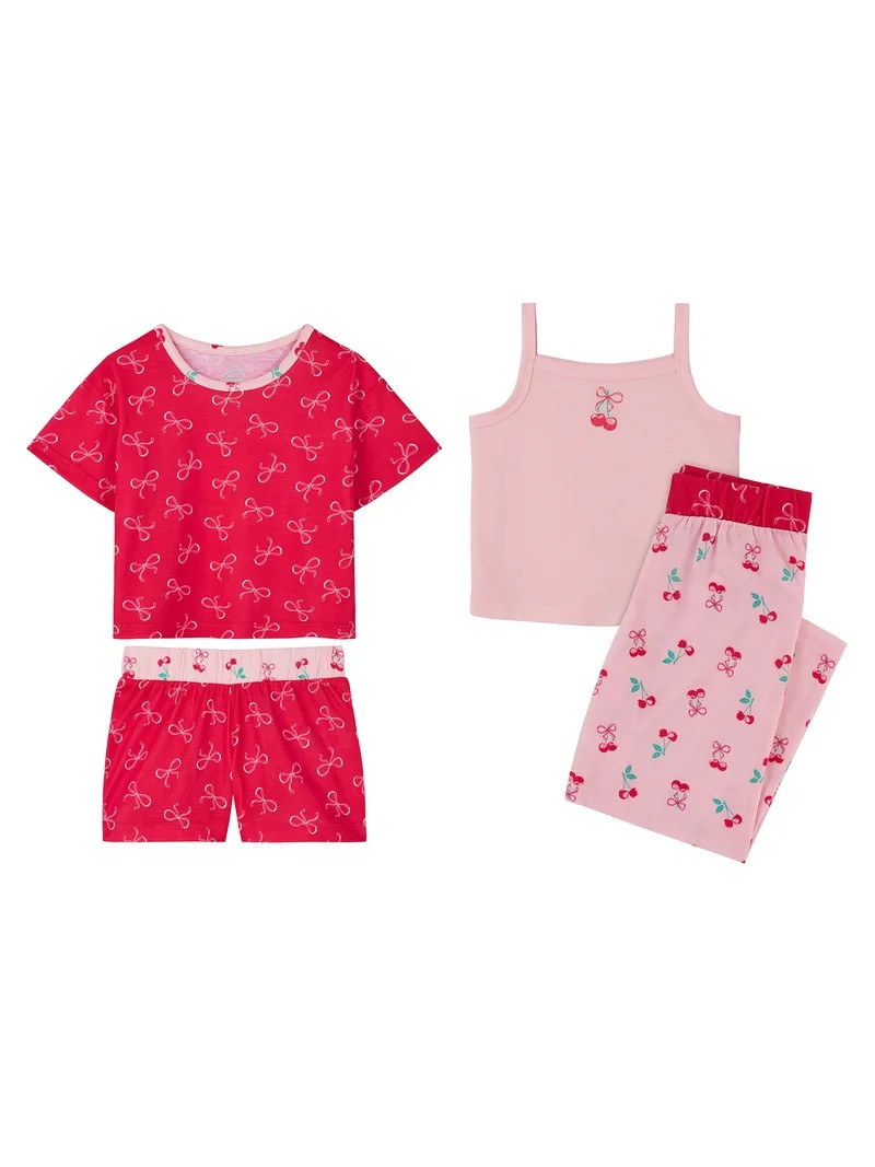 Wonder Nation Girls Tank, Short Sleeve Top, Sleep Shorts and Sleep Pant Pajama Set, 4-Piece, Size... | Walmart (US)