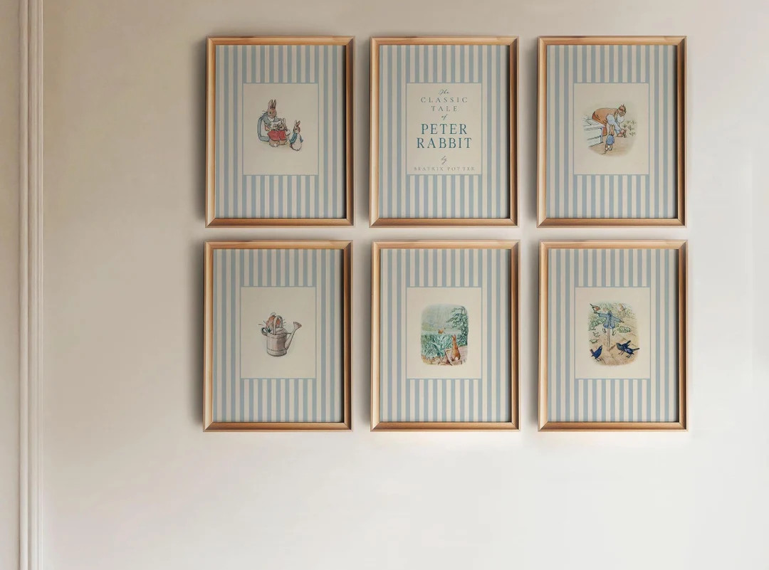 Beatrix Potter Peter Rabbit Nursery Prints, Vintage Baby Blue Stripes Nursery Wall Art, Digital D... | Etsy (US)