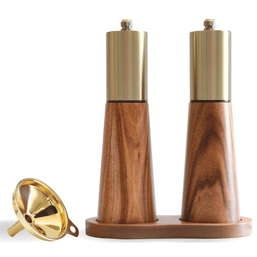 Gold Salt and Pepper Grinder Mill Set With Wood Base, Free Gold Funnel,Stainless Steel Manual Sal... | Amazon (US)