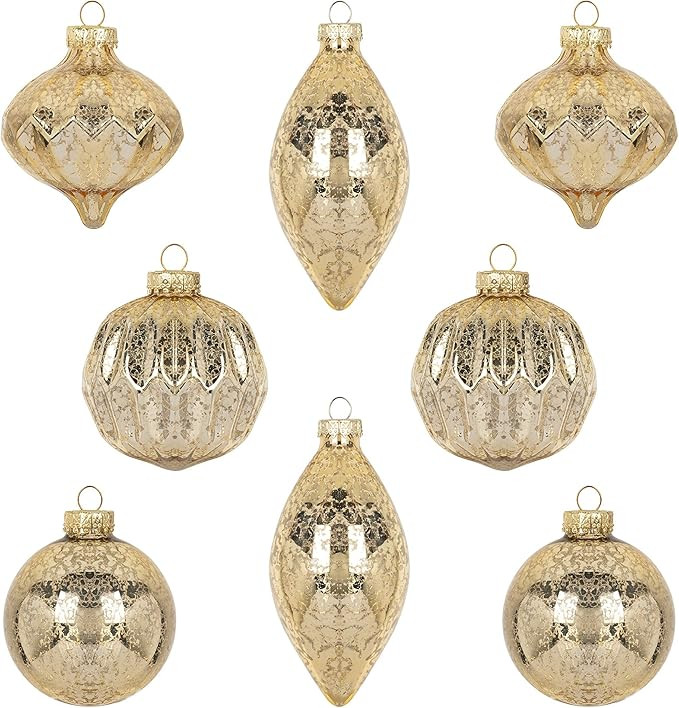 KI Store Mercury Glass Christmas Ornaments Set of 8 Champagne Gold Hanging Christmas Balls Finial... | Amazon (US)