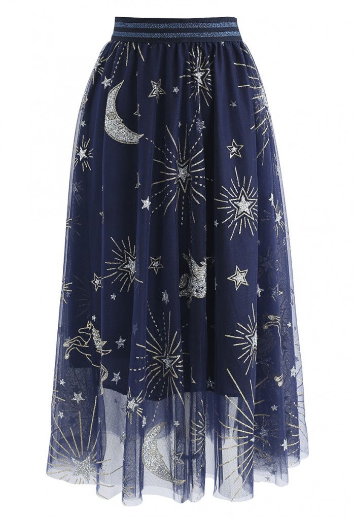 Myth Of Stars Mesh Tulle Midi Skirt in Navy | Chicwish