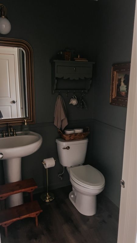 Brass toilet paper holder, gold mirror, milk glass vanity light, toilet lever