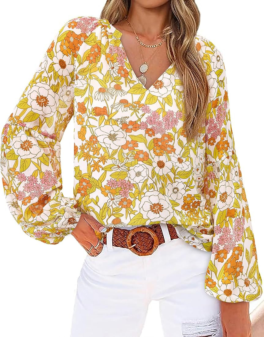 BTFBM Women Casual Boho Blouse Dressy Floral Puff Long Sleeve Shirts V Neck Lightweight Chiffon S... | Amazon (US)