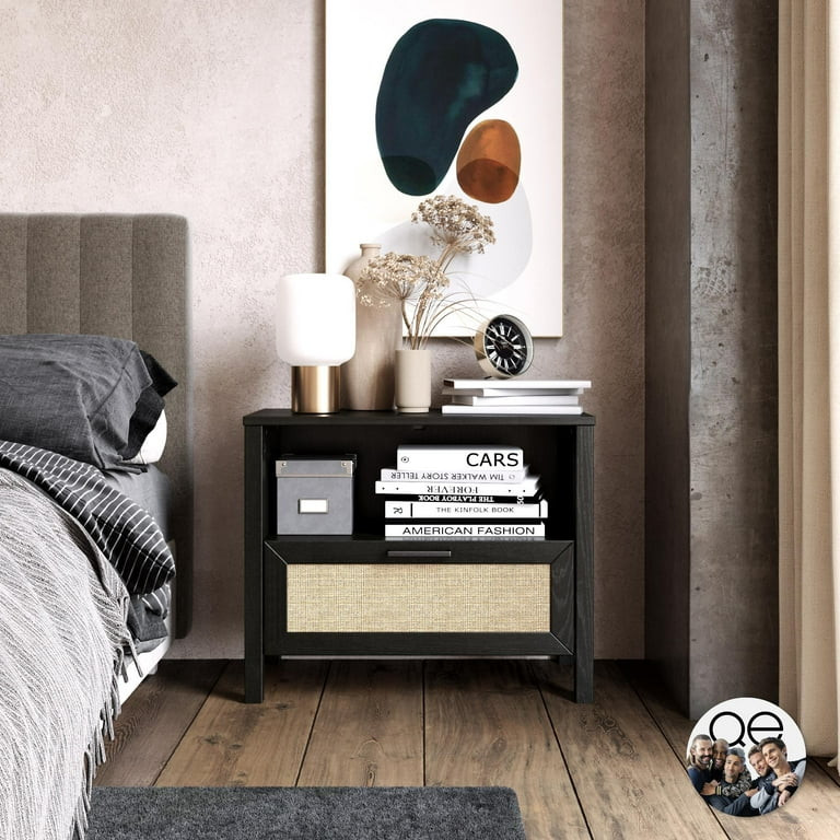 Queer Eye Wimberly 1 Drawer Nightstand, Black Oak with Faux Rattan | Walmart (US)