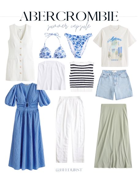 Abercrombie summer capsule wardrobe ideas! Mix and match these summer capsule items for multiple outfits, perfect for vacation packing! Abercrombie summer finds, Abercrombie dress, Abercrombie pants, Abercrombie swim, Abercrombie shorts, Abercrombie denim, Abercrombie tank, Abercrombie skirt, maxi dress, maxi skirt, graphic tee, denim shorts, linen pants, linen dress, vest dress, floral bikini, knit tank, strapless top, summer style, summer capsule wardrobe, trendy summer style, coastal granddaughter style, coastal cowgirl style 

#LTKSeasonal #LTKFindsUnder100 #LTKStyleTip