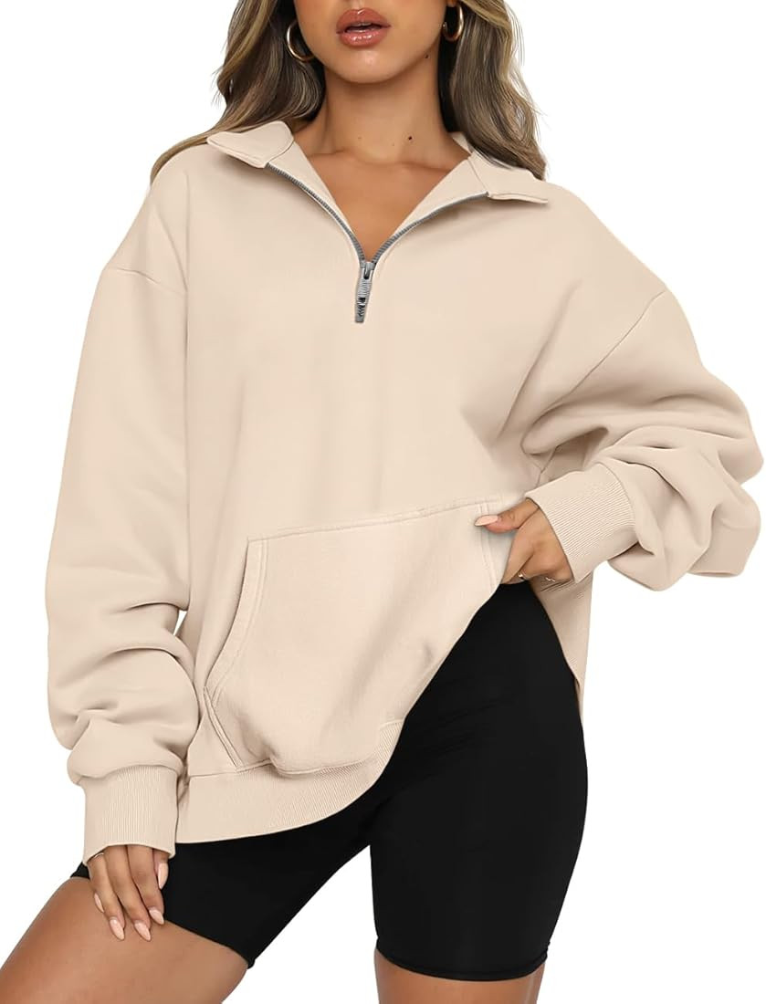 Womens Quarter Zip Pullover Oversized Sweatshirts Pockets Half Zip Hoodies Crewneck Fall Clothes ... | Amazon (US)