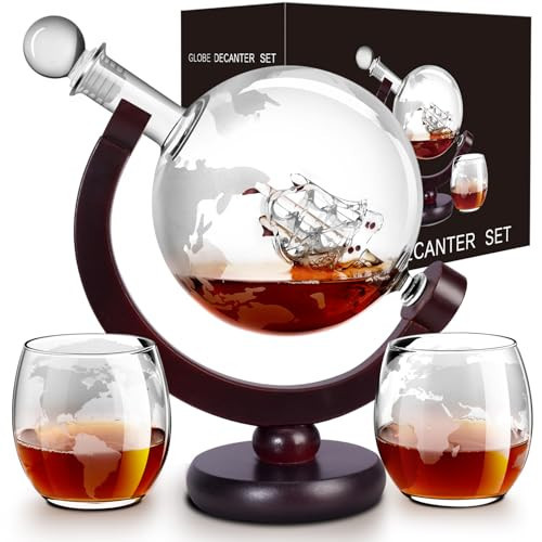 Whiskey Decanter Sets for Men, Whiskey Decanter Globe Set with 2 Etched Globe Whisky Glasses for Liquor, Bourbon, Cocktails, Vodka, Scotch liquor decanter Sets - 850ml | Amazon (US)