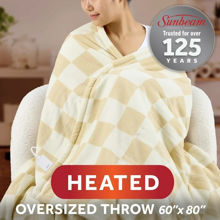 Sunbeam Electric Heated Throw Blanket Gray Checkerboard Microplush Faux Shearling 4 Heat Settings... | Walmart (US)