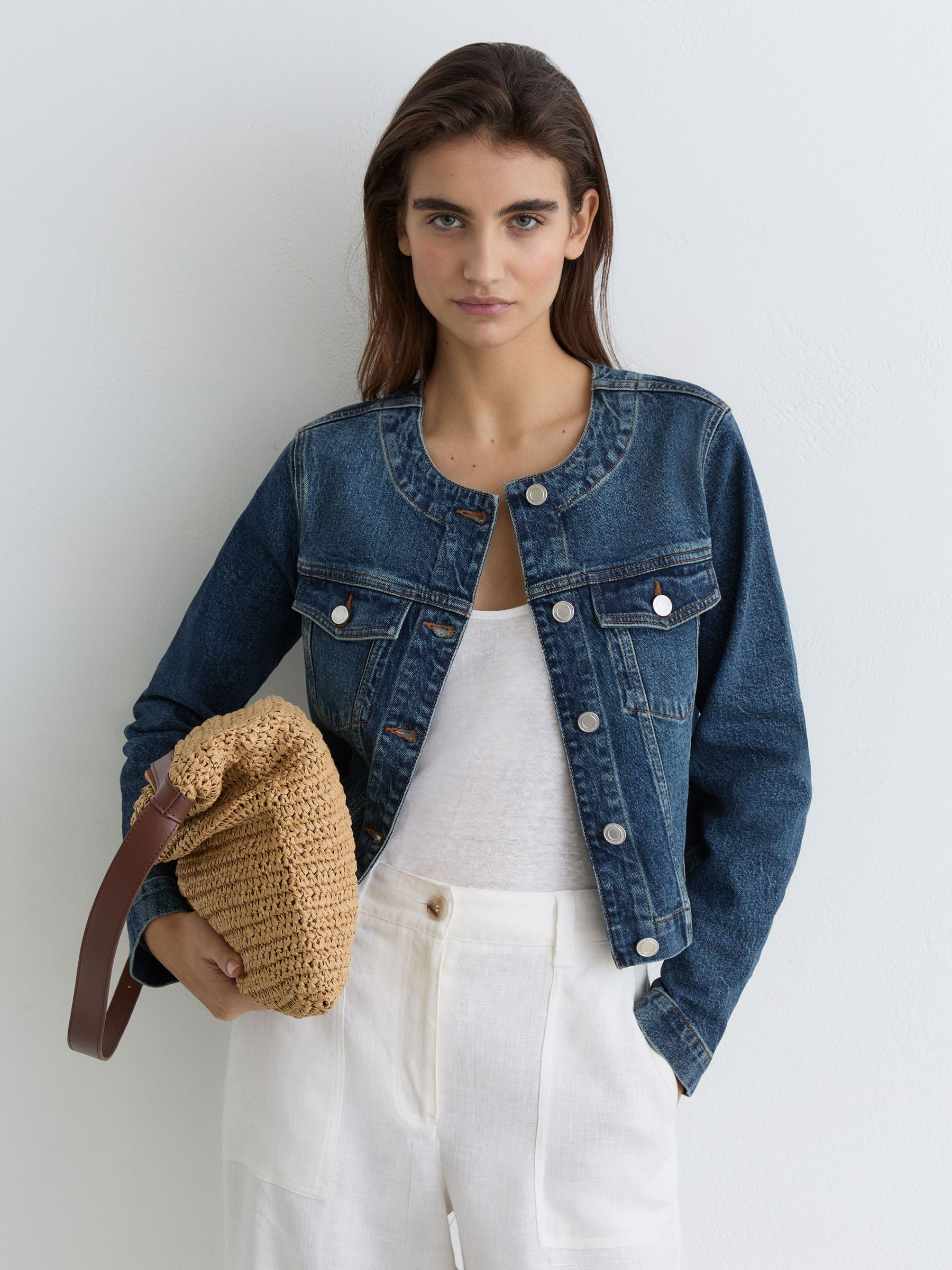 Reiss Collarless Cropped Denim Jacket in Mid Blue | REISS | Reiss DE