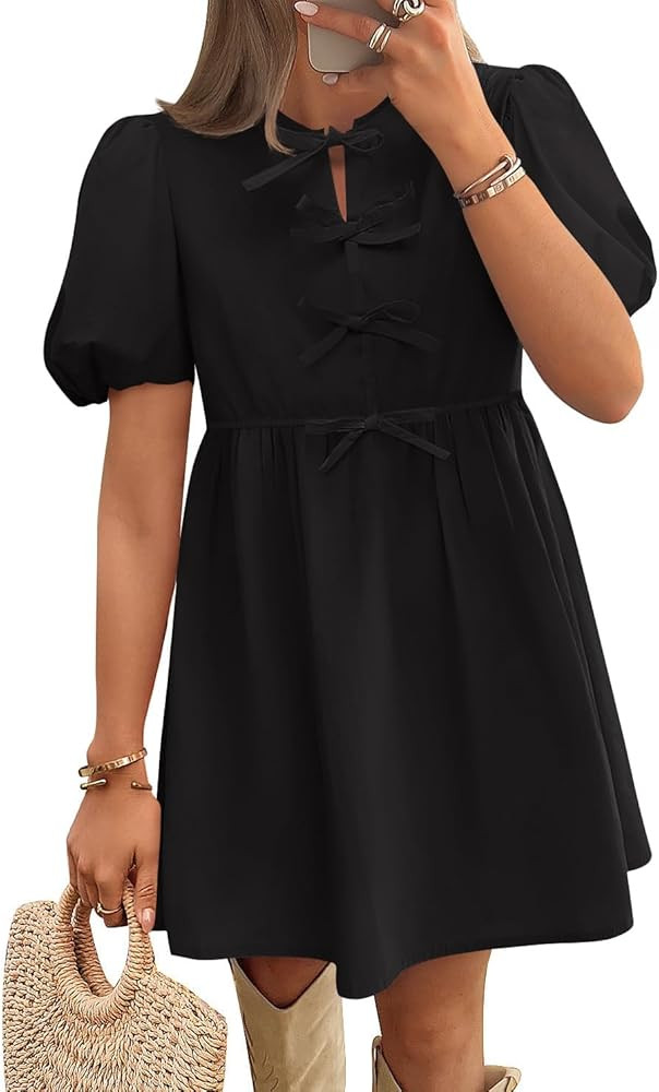 ZESICA Women's Summer Short Sleeve Tie Front Mini Dress Cute Babydoll Ruffle Pleated A Line Tunic... | Amazon (US)