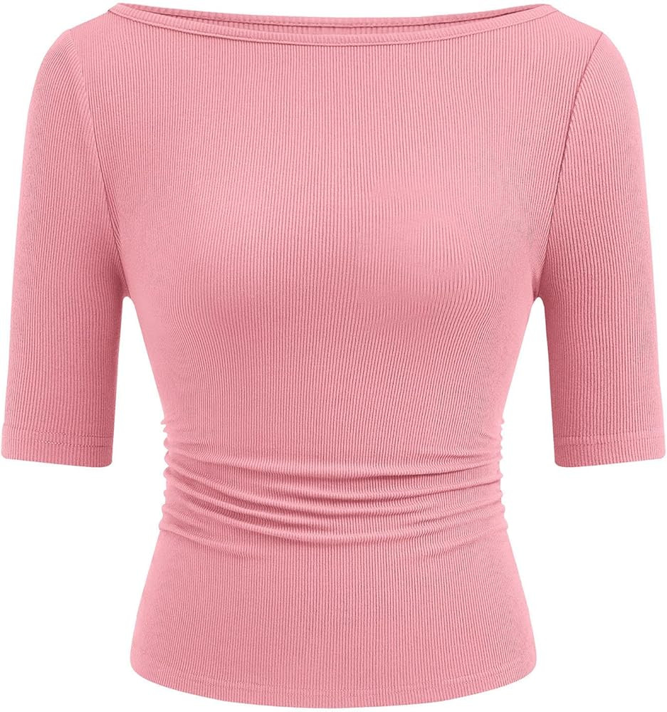 PRETTYGARDEN Womens Summer Short Sleeve Tops Boat Neck Ribbed Knit Slim Fit T Shirt Casual Basic ... | Amazon (US)